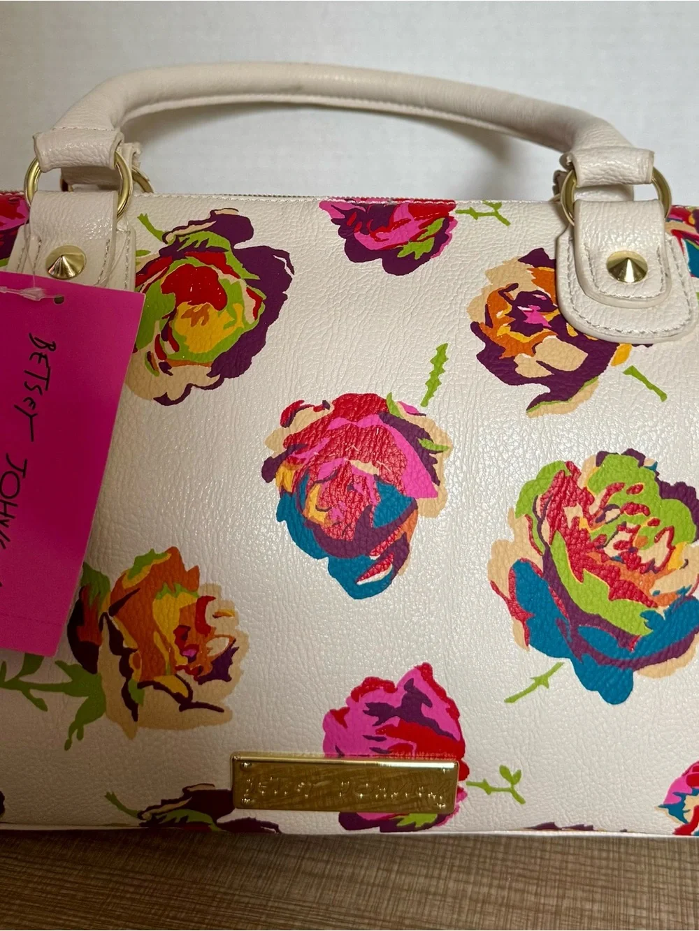 OOAK NWT BETSEY JOHNSON FRINGY FLORAL SATCHEL BAG WHITE W/GOLD HARDWARE 13x9”